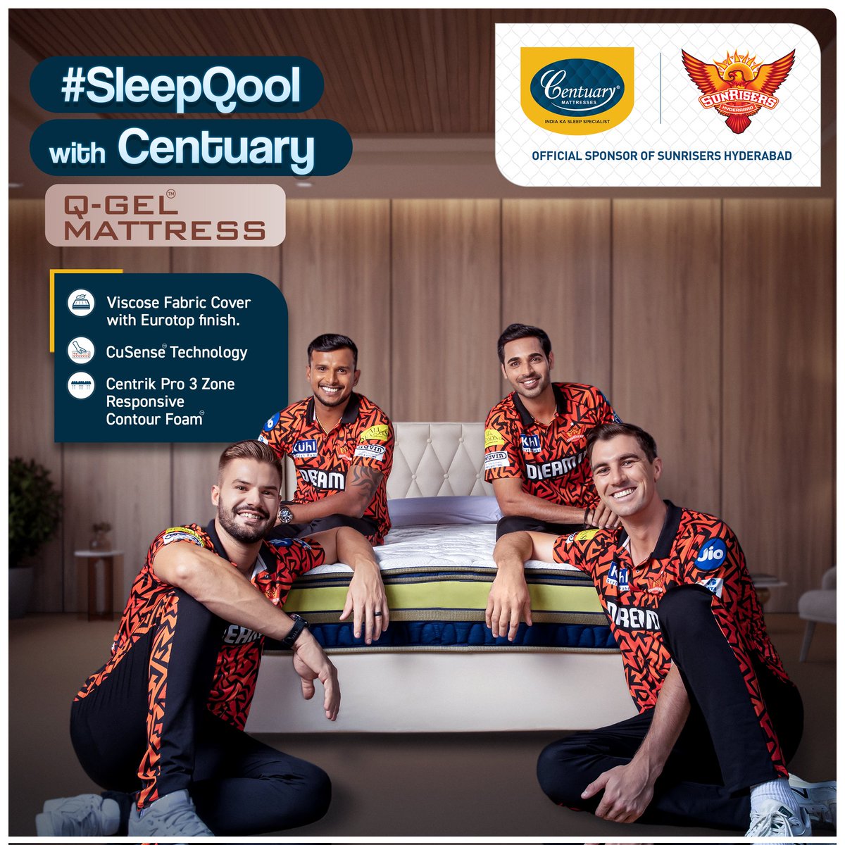 SunRisers's tweet photo. Score big on comfort with the #SleepQool with Centuary Q-Gel mattress! Featuring Viscose Fabric cover with Eurotop finish, CuSense Technology, and Centrik Pro 3 Zone, get ready for a winning nightโs sleep! ๐๐ด๐๏ธ https://t.co/NCOMwvAfqL