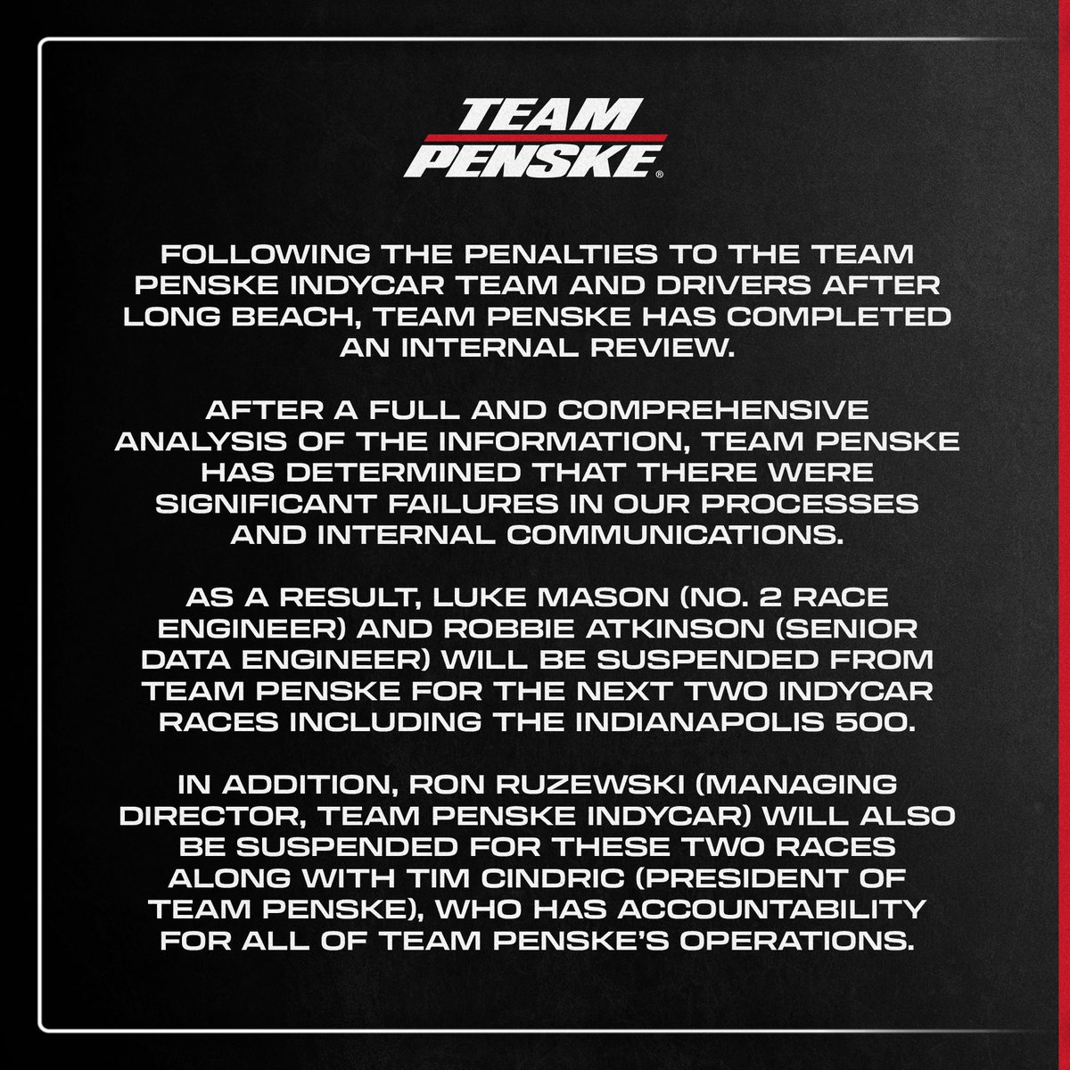 Team_Penske's tweet photo. Statement from Team Penske, Roger Penske on team’s response to recent INDYCAR penalties: https://t.co/KpAfOMLfm3
