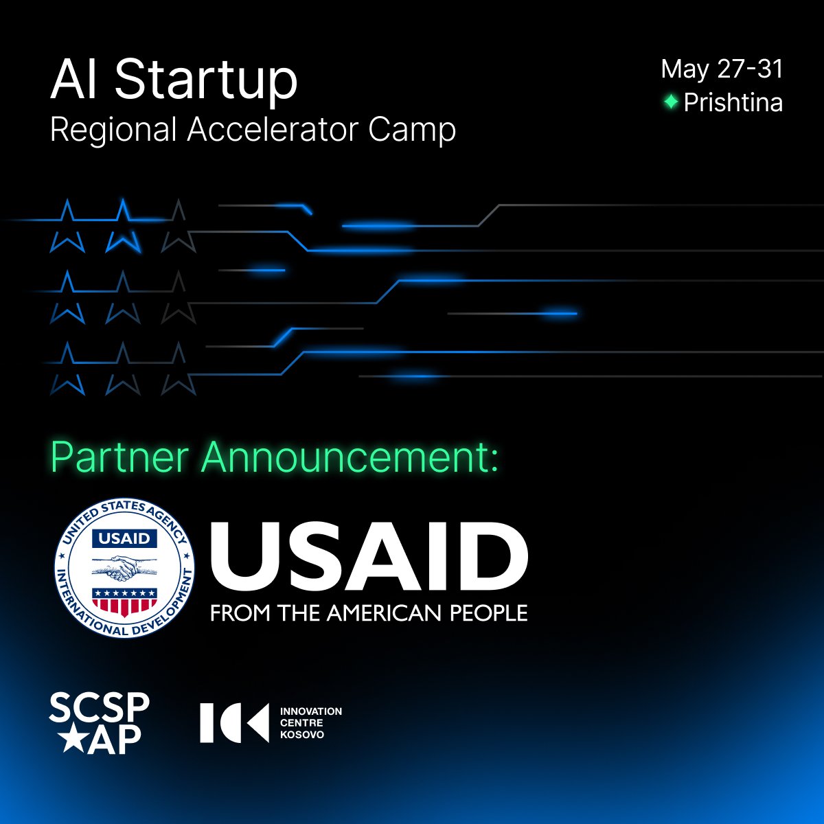 We have some great news to share 🥳 @USAIDKosovo Compete Activity is now officially one of the key partners for our joint 'AI Startup Regional Accelerator Camp' with the Special Competitive Studies Project - @scsp_ai

Thank you for your support and partnership.