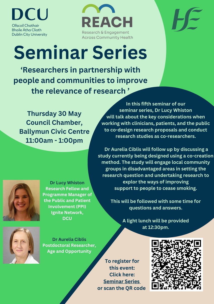 Register for your place on Thursday 30 May 2024 from 11:00am-1:00pm in Ballymun Civic Centre for the fifth of our seminar series ‘researchers in partnership with people and communities to improve the relevance of research’ Register here: eventbrite.ie/e/seminar-seri… @HsehealthW