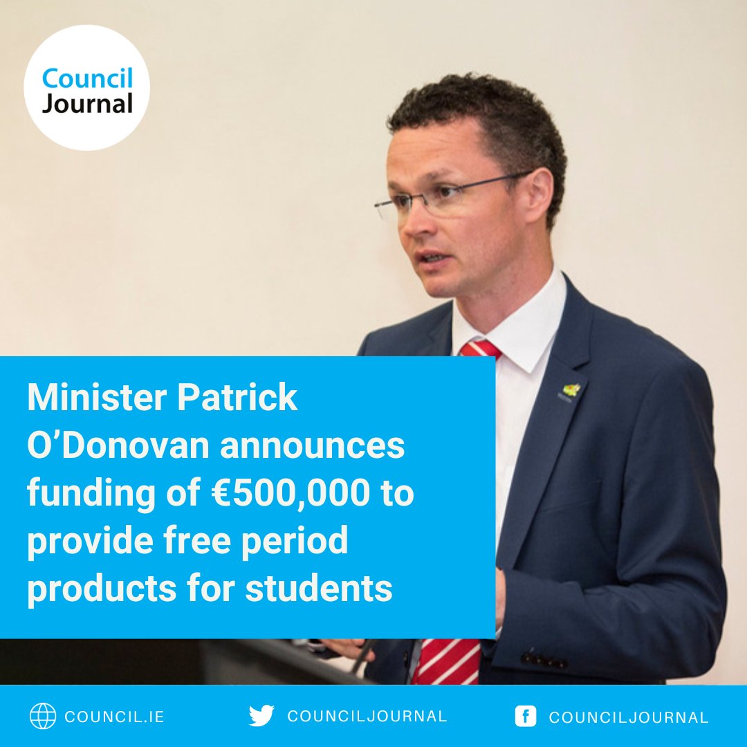 Minister Patrick O’Donovan announces funding of €500,000 to provide free period products for students Read more: council.ie/minister-patri… #periodproducts #sanitaryproducts #departmentoffurtherandhighereducation