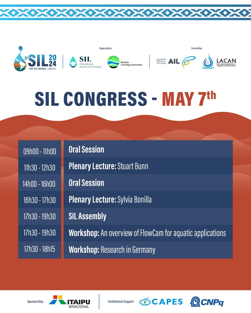 The #SILCONGRESS continues with the schedule for this Tuesday, second day of activities here in Foz do Iguaçu!
#SIL #SIL2024 #Sil2024Congress #Limnology #Limnologia