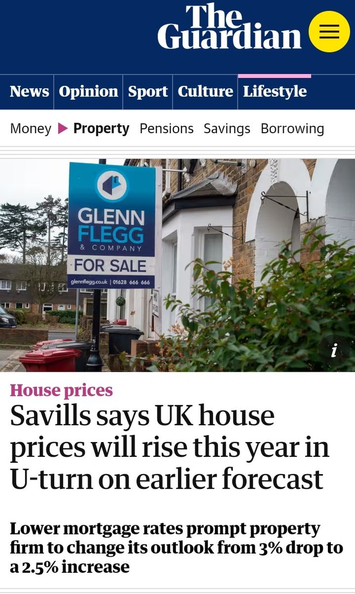 Savills says UK house prices will rise this year in U-turn on earlier forecast. 

- Guardian UK

#ukproperty