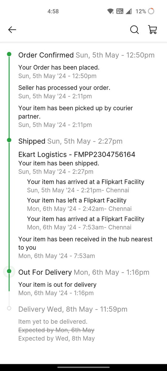 @Flipkart @flipkartsupport #ekartlogistics it was supposed to be delivered yesterday,even after the status was out of delivery it wasn't delivered,only  now the status got again changed to it'll delivered tomorrow #worstsuport #worstdelivery