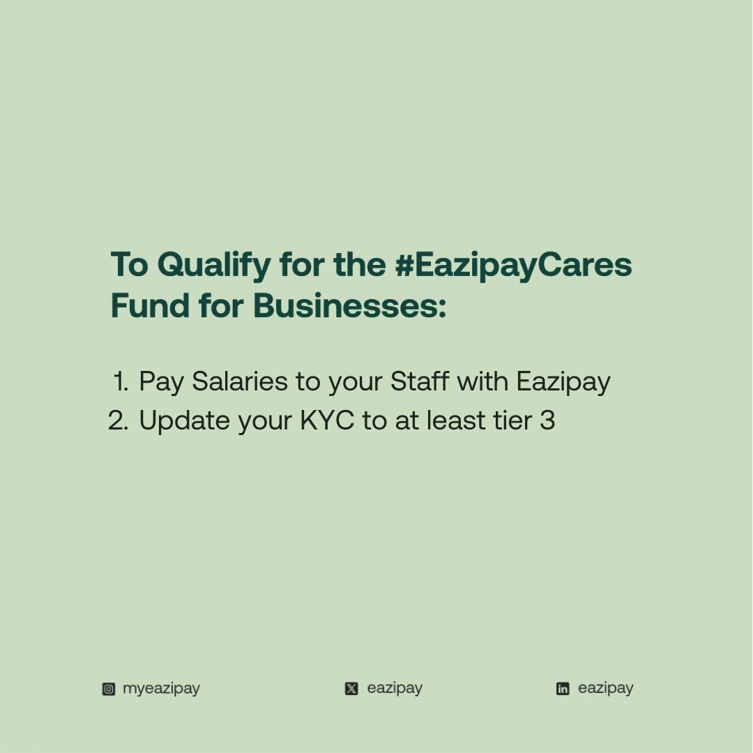 Oga boss, no more kasala about salary palava! #EazipayCares don show! By downloading @myeazipay Business app today, you don’t have to stress about your staff getting paid between now and December. 

To Qualify for the #EazipayCares Fund for Businesses:
1. Pay Salaries to your