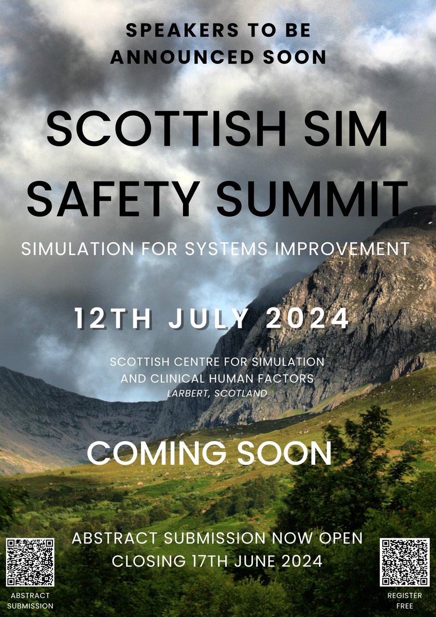Delighted to announce our first ever Scottish Sim Safety Summit! #simsummit2024 Register now: forms.office.com/Pages/Response… Abstract submission: forms.office.com/Pages/Response… @JulieSyme355964 @DanHufton @AmritaBrara @NHSForthValley @shalf79 @paton_catie @nath_oliver_sim @CSMEN1
