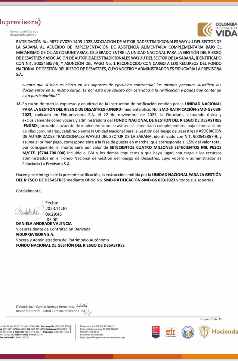 Aquí autorizaron el pago de $4.698.000.000 por ollas comunitarias a la Asociación de Autoridades Tradicionales Wayuu de La Sabana por 522 días de ollas comunitarias.

El día también fue liquidado a $9.000.000.