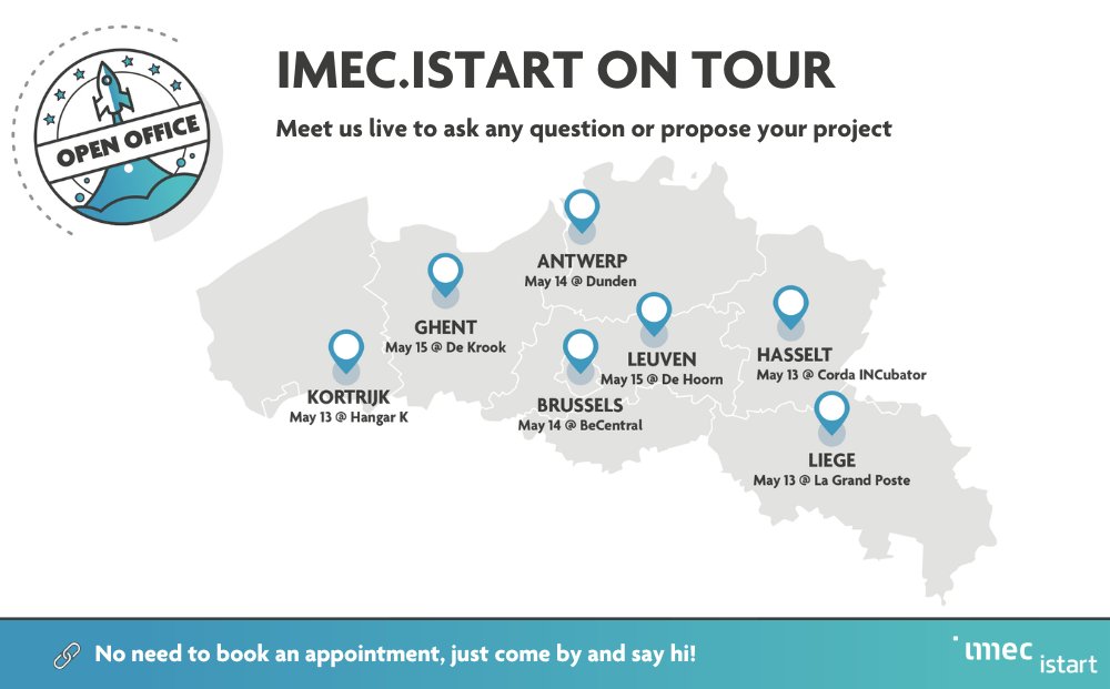 Excited to meet you during our imec.istart open office hours! No appointment needed, just drop by! Locations & dates below ⤵️ #infosession #ontour #opencall #accelerator #techstartups
