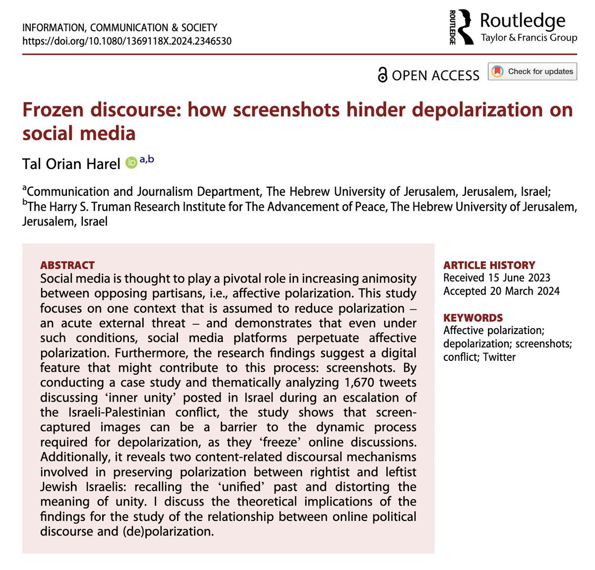 Thrilled to share that my first single-authored paper, 'Frozen Discourse', is now available online @icsjournal! I explore how screenshots on social media hinder efforts to bridge political divides. Check out the findings here (it's open access): tandfonline.com/doi/full/10.10…