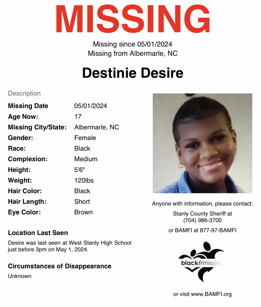 #Albermarle, #NorthCarolina: 17y/o Destinie Desire was last seen at West Stanly High School just before 3pm on May 1. She may be in #Atlanta. “A device associated with Destini Desire, 17, has been tracked to the area of 14th Street NW and Northside Drive NW in Midtown.