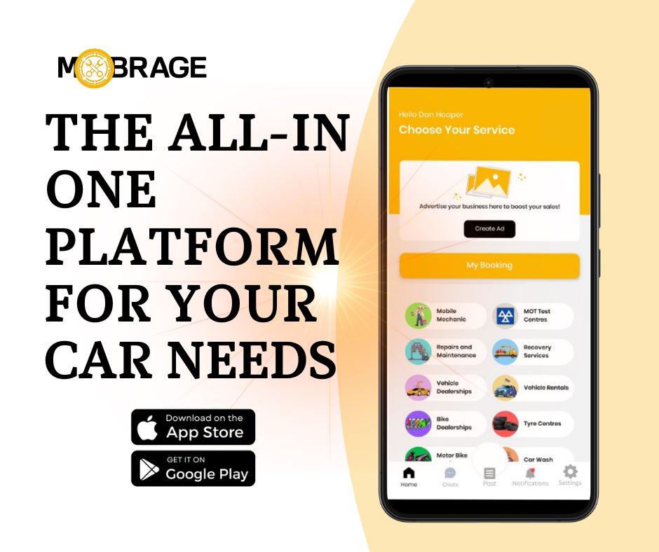Everything for your car in one place - Whether you are looking for a mobile mechanic, MOT Test Centre, Tyre expert, dealership, rental and more Mobrage can help.

#Mobrage #MobrageApp #Garage #GarageUK #Breakdown #CarService #SpareParts #Mechanic #CarRental #CarDealership