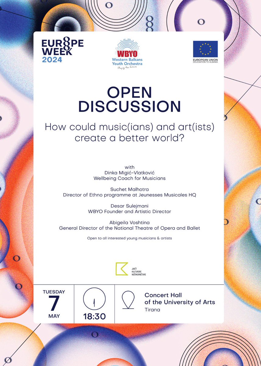 How could music(ians) and art(ists) create a better world? Join us tonight at 18:30 for an open discussion with: 🔹 Dinka Migić-Vlatković, Wellbeing Coach for Musicians 🔹 Suchet Malhotra, Director of Ethno programme at Jeunesses Musicales HQ 🔹 Desar Sulejmani, Founder and…