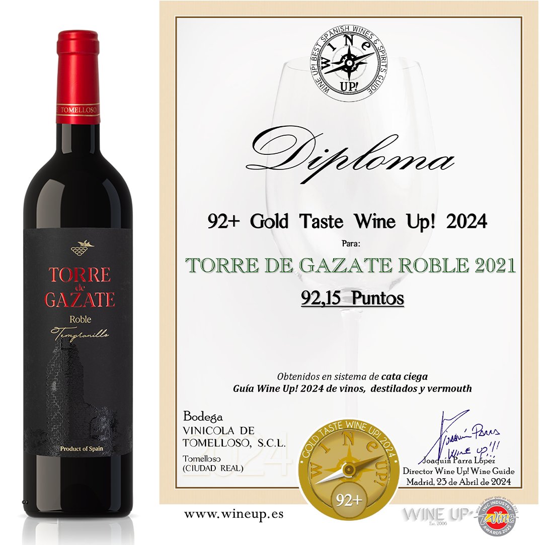 🥇¡Nos llena de orgullo anunciar que hemos obtenido 2 medallas de Oro en la prestigiosa #GuíaWineUp para nuestros vinos! 🥇🍇
🍷 TORRE DE GAZATE – Roble 2021 : 92,15 puntos
🍷 TORRE DE GAZATE – Reserva 2017 : 92,00 puntos
#VinicolaDeTomelloso #VinosPremiados #PasiónPorElVino