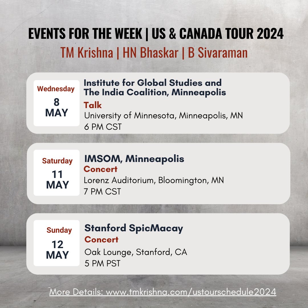 Upcoming events as part of my US Spring Tour. For the full schedule and for more details, visit my website tmkrishna.com/ustourschedule…