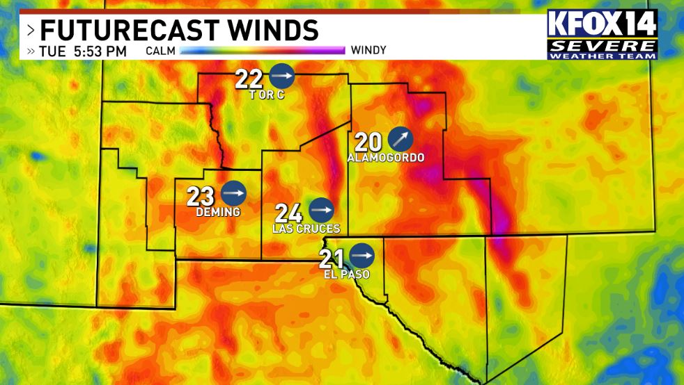We are in for another windy afternoon across the Borderland. Peak winds around the 4/5 o'clock hour coming from the WSW 15-25 MPH with gusts up to 35 MPH. Gusty conditions could kick up blowing dust. Track our weather: kfoxtv.com/weather