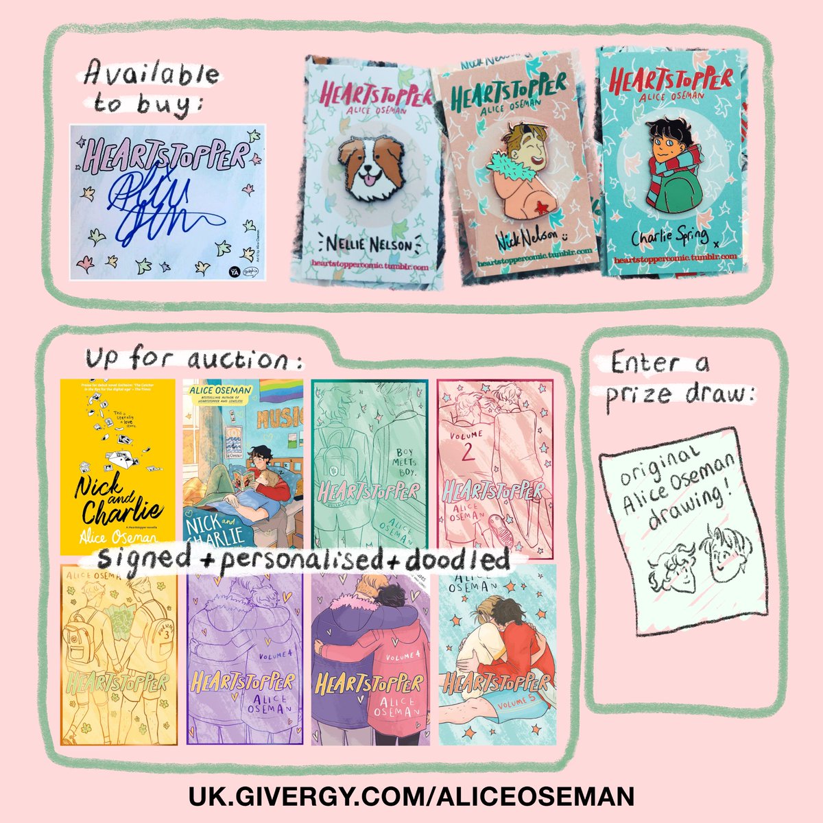 Organized by @aliceoseman, the 'Not Alone' fundraiser supporting Children in Gaza is now live. Signed bookplates and Heartstopper enamel pins are sold out, but you can still bid on signed/doodled books and win an original drawing by Alice Oseman👇 uk.givergy.com/aliceoseman/?c…