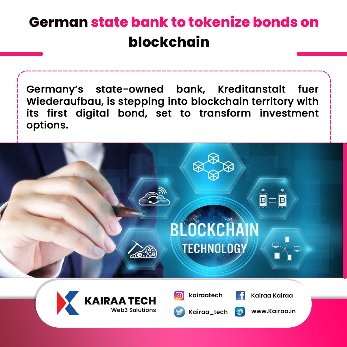 German state bank plans to tokenize bonds on blockchain.
For more details and updates.
Website: kairaa.in
Mail Id: Support@kairaatechserve.com
#kairaa #techserve #german #bond #blockchain #crypto #plan #cryptocurrency #usdc #technology #follow #like #socialmedia
