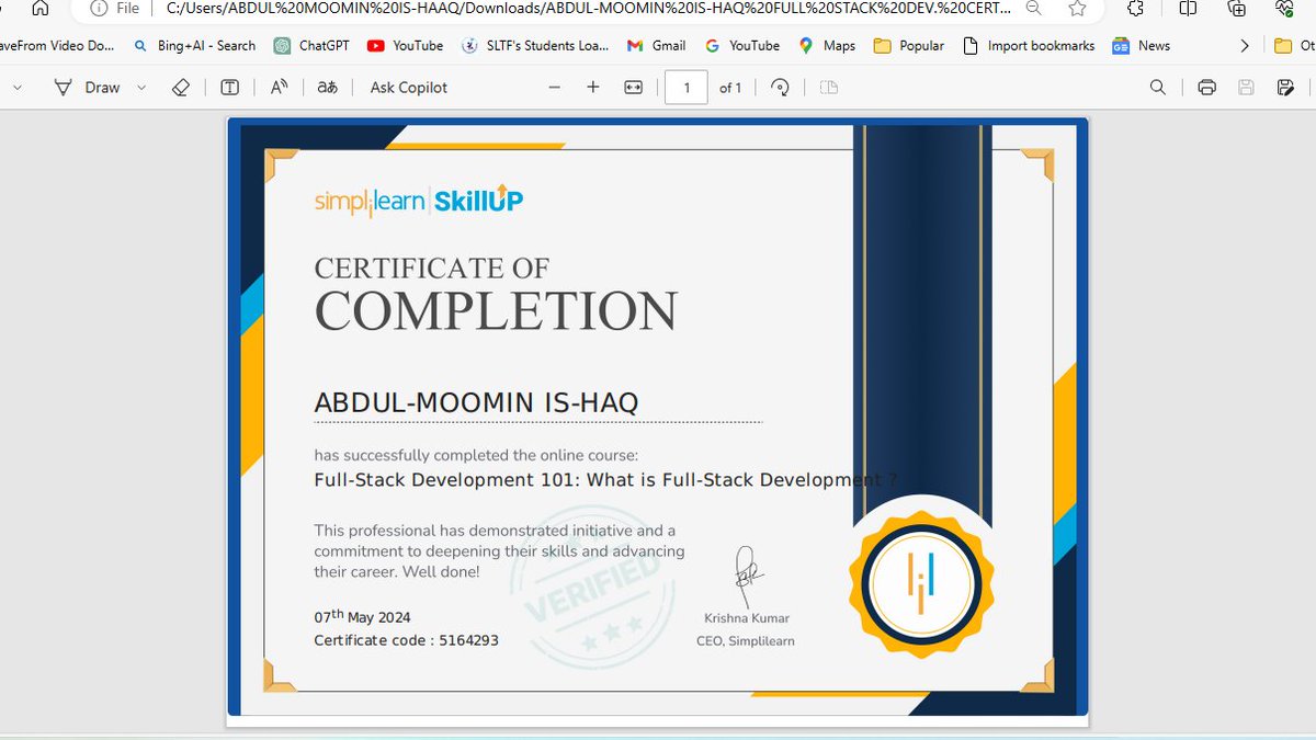 📷
IS-HAQ ABDUL-MOOMIN • I am a Student at University of Mines and Technology-UMaT. Thank you, hashtag#SkillUp by hashtag#Simplilearn 🙌📢 I am super excited to share that I’ve just completed Full-Stack Development 101: What is Full-Stack Development ?. 🎓