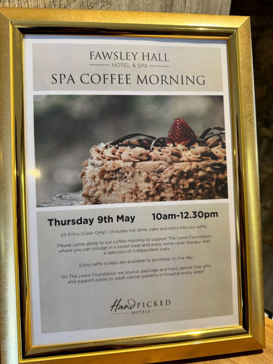 A big thanks to Fawsley Hall Hotel & Spa for hosting a Charity Coffee Morning in aid of our charity, part of the #franklins50 challenge by @FranklinsSols Join us on Thursday, May 9th from 10am-12:30pm to enjoy a treat and support adult #cancer patients in hospital. 💚🍰