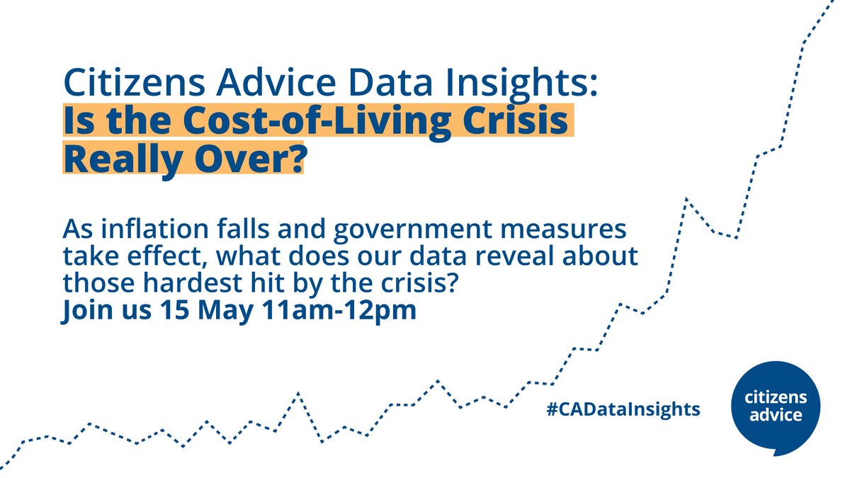 The government claims the cost-of-living crisis is easing as inflation falls further. But what does our on-the-ground data tell us about the lives of the people we help? Join @CitizensAdvice Data Insights event on 15 May, 11am-12pm to hear more ⤵️ bit.ly/3UKmyrk