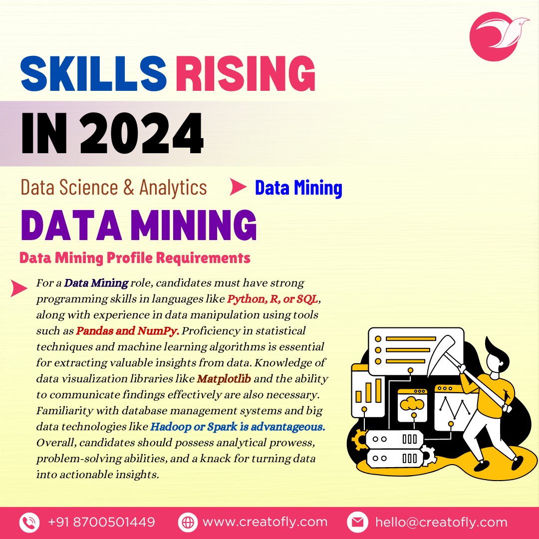 Skills Rising in 2024
Data Science & Analytics-Data Mining

#creatofly #skilldevelopment #datamining #dataminingproject #pythonprogramming #sql #pandas #numpy #dataprocessing #dataprocessor #matplotlib #dataprocessingservices #software #skillsrightnow