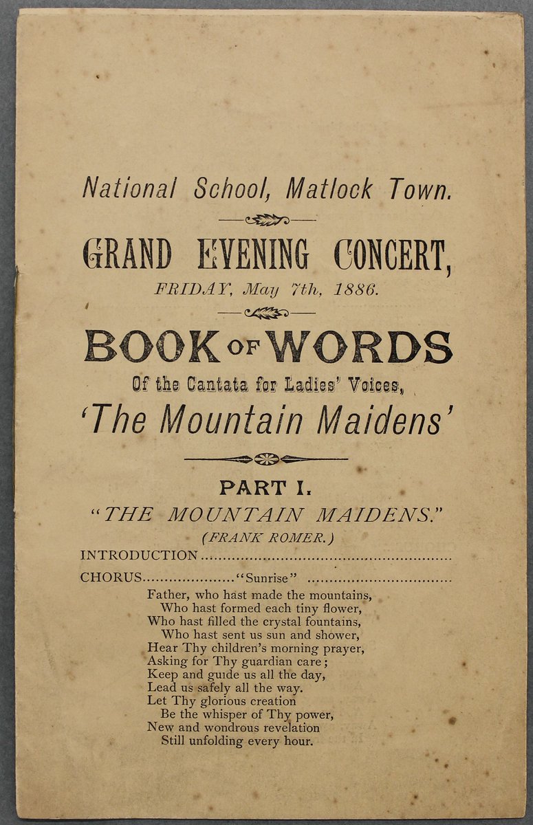 #OnThisDay in 1886 a Grand Evening Concert was held at the National School, Matlock Town. It featured 'The Mountain Ladies', a cantata for treble voices written by F.R. Havergal in 1874. #ExploreYourArchive