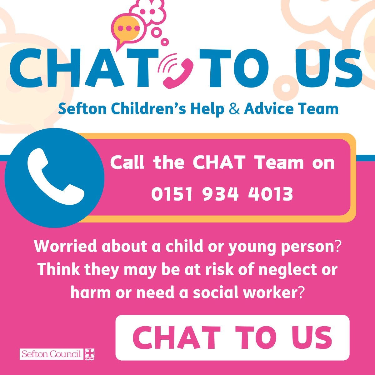 FAST and CHAT is here!👏💬 ✔️CHAT will offer help & advice where there is a safeguarding concern for a child ✔️FAST will offer the same but in an Early Help setting where a family may need some support across a range of issues Read more - sefton.gov.uk/fast-chat-serv… #MySefton