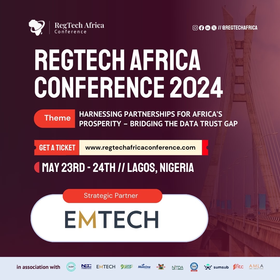 🌟 EMTECH is proud to sponsor the upcoming Regtech Africa Conference on May 23rd-24th in Lagos, Nigeria. 

Our team is thrilled to participate in two days of vibrant discussions and activities. See you there!

For more details: regtechafricaconference.com

#RegtechAfrica 🚀🌍