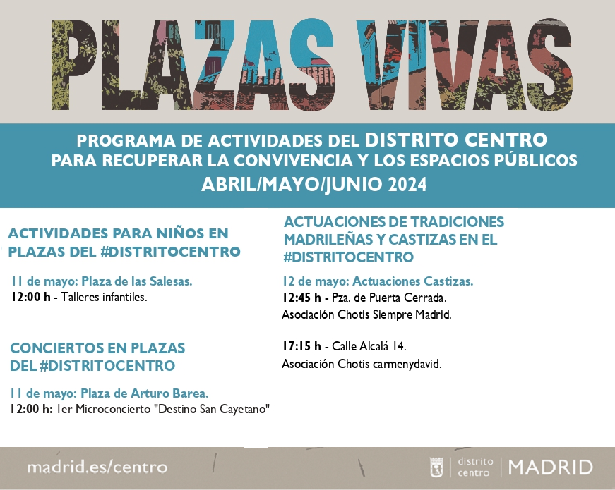 Te presentamos las diferentes propuestas que puedes disfrutar este fin de semana con motivo del programa 'Plazas Vivas' de #DistritoCentro. Talleres infantiles 📖, música 🎼 y actuaciones 🎤 tradicionales madrileñas. Programa en 👉informate.madrid.es/g1g7d