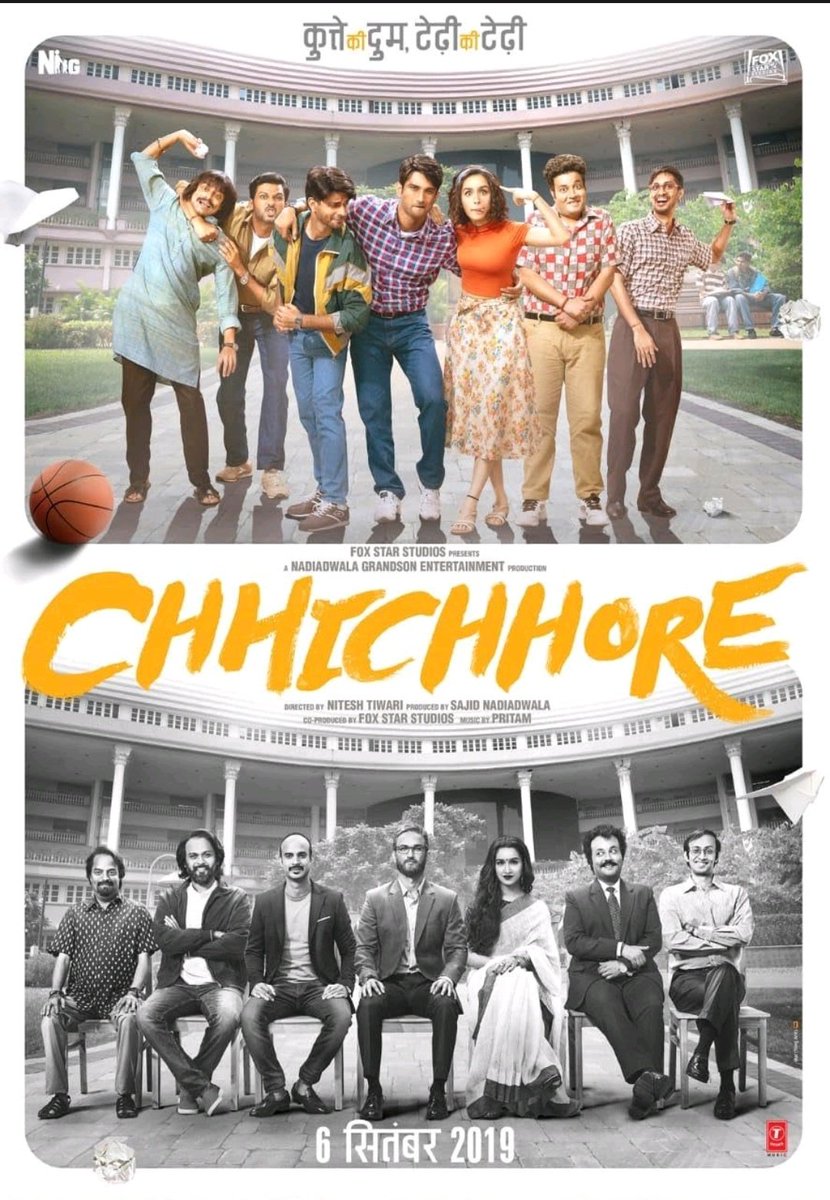 I remember it was raining and I was next to the cinema hall, I haven't even seen the trailer and show of #Chhichhore was about to start. So i thought ki chalo dekh lete hai (timepass) but yaar! 
What a film🙌🏻❤️. It became one of my all time fav.