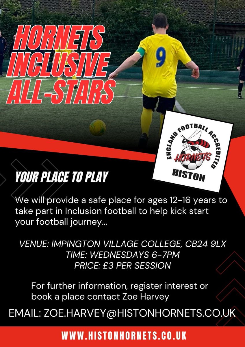 Just over a week to go until the first @histon_hornets inclusive football session! Inclusion football is aimed at helping anyone who needs extra support to play the game. ⚽ The sessions get underway on May 15th! 📆 📨 Zoe.Harvey@HistonHornets.co.uk for details