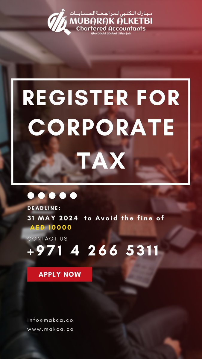 AVOID AED 10,000 Penalty, Corporate Tax Registration is Mandatory!
Contact us: +971 4 266 5311 
#corporatetax #impactassesment #transferpricingadvisory #complienceadvisory #taxregistration #taxservices