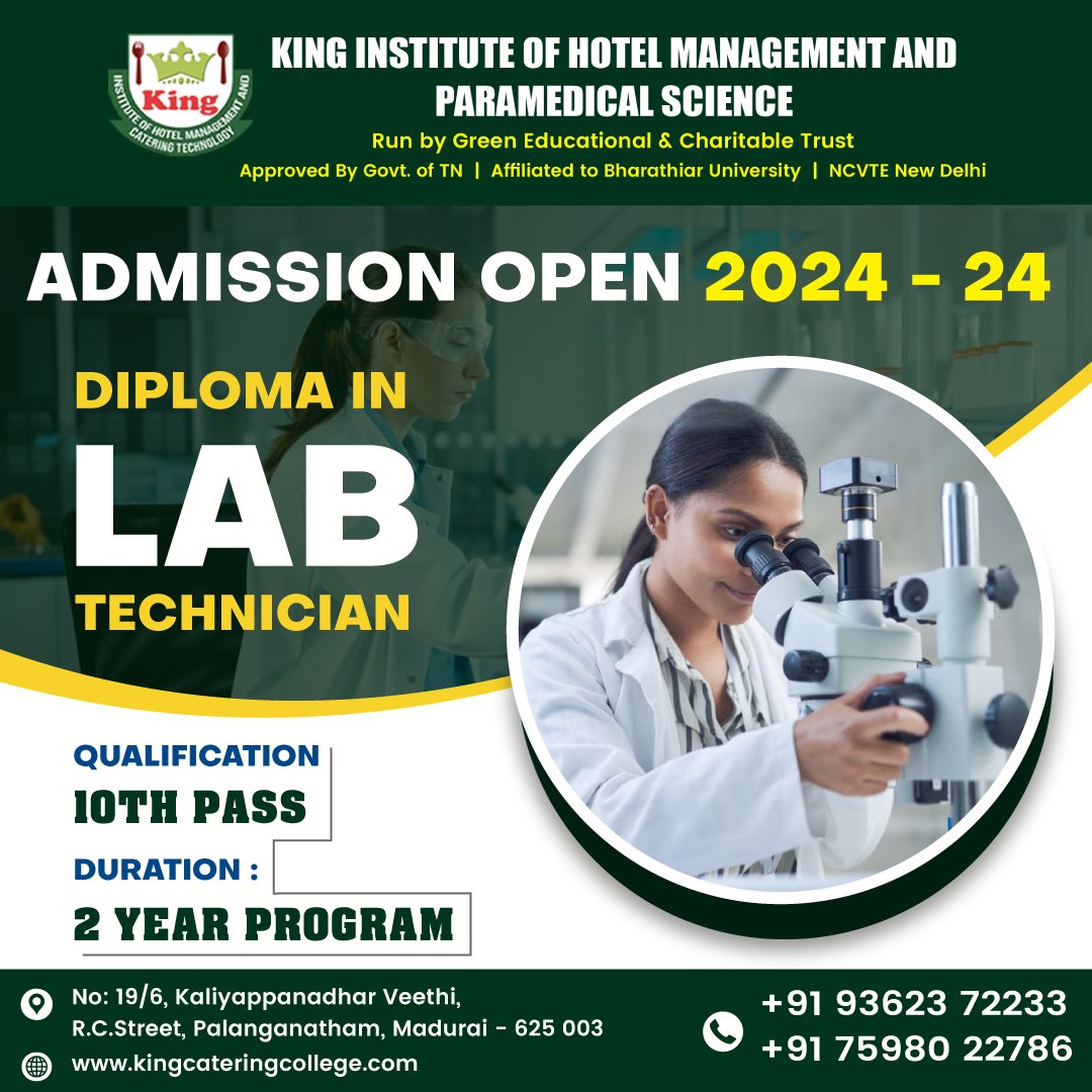 Admission Open - Diploma in Lab Technician - King Catering College - Madurai
#job #college #madurai #luxury #foodandbeverage #admission #education #hostelfacility #nodonation #limitedseats #eligibility #register #opportunity #palanganatham #admissionopen2024