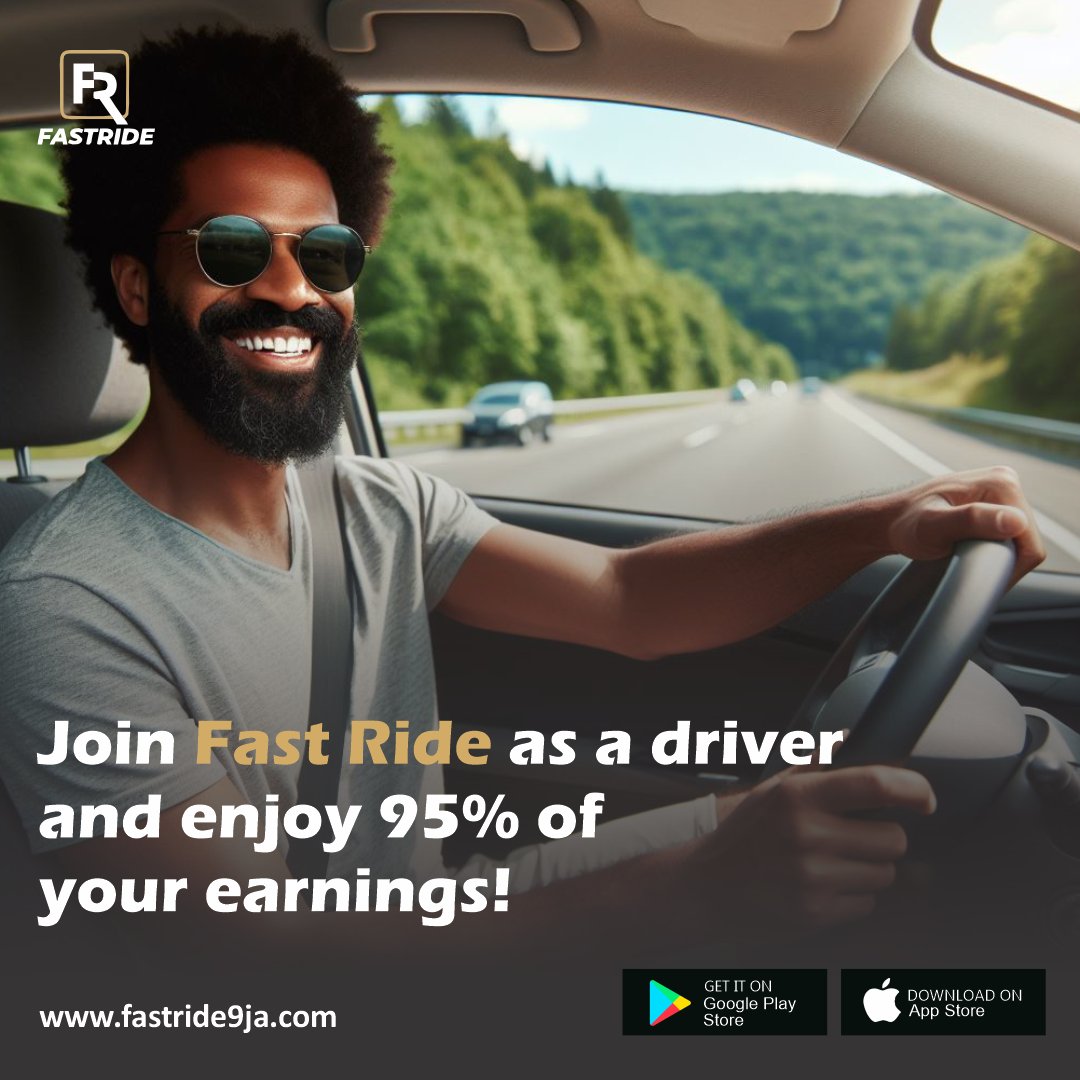 Drive with Fast Ride and keep 95% of what you earn! Join us today.

Download the app zurl.co/XMqy

#fastride #drivewithus #joinus #downloadtheapp #lagos #abuja #driver