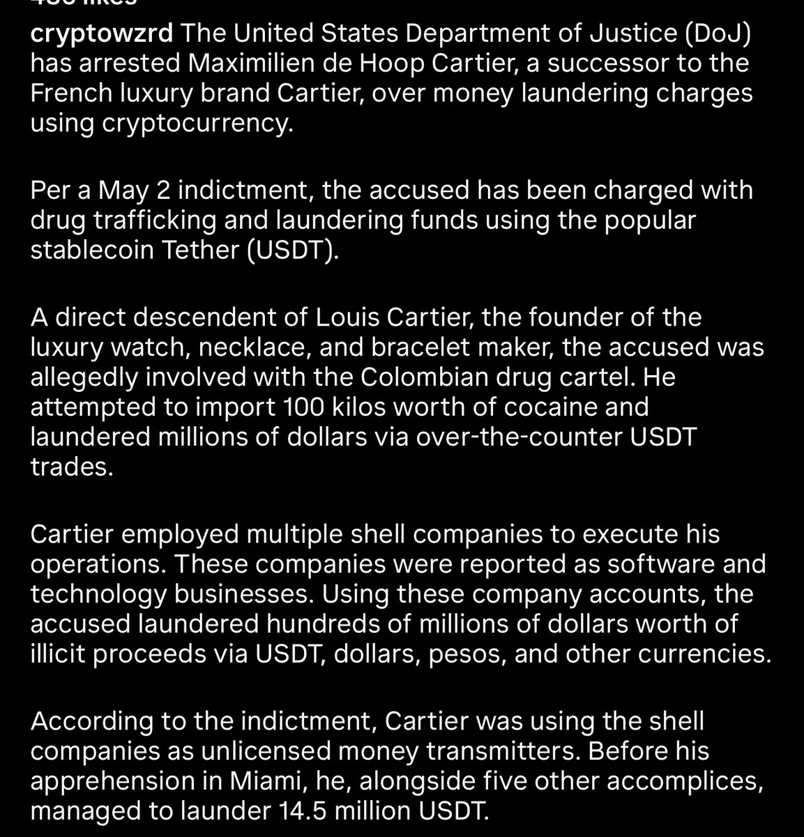 So the heir to Cartier got caught importing 100 kilos for Colombian cartel and laundering money with OTC USDT trades. Sounds like a smart guy.