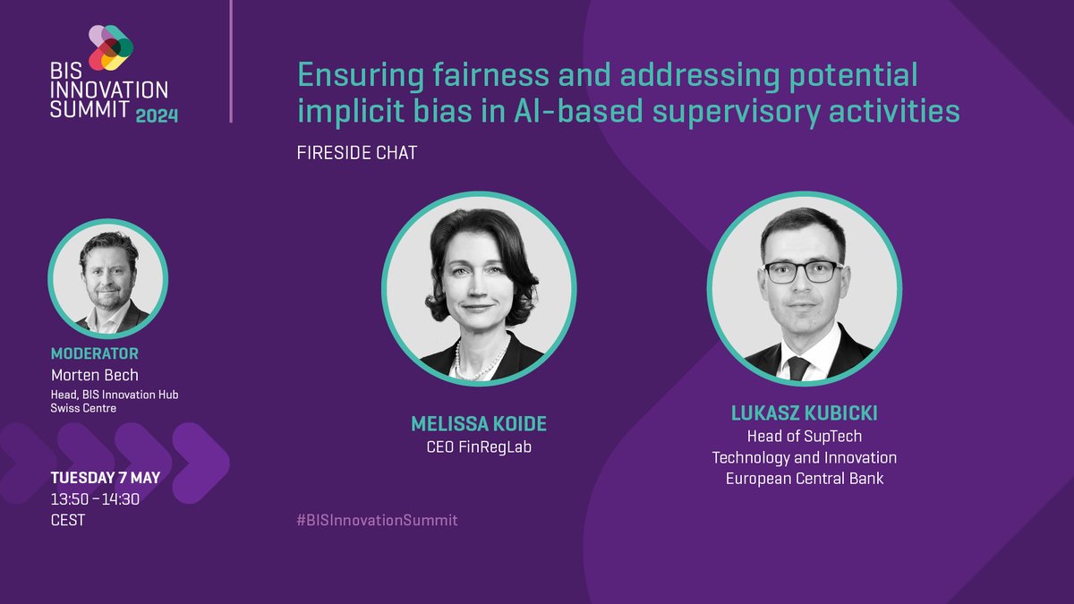 Watch live at the #BISInnovationSummit: @melissakoide @FinRegLab and Lukasz Kubicki @ecb discuss with Morten Bech how to ensure fairness and address implicit bias in AI-based supervisory activities #SupTech bis.org/events/bis_inn…