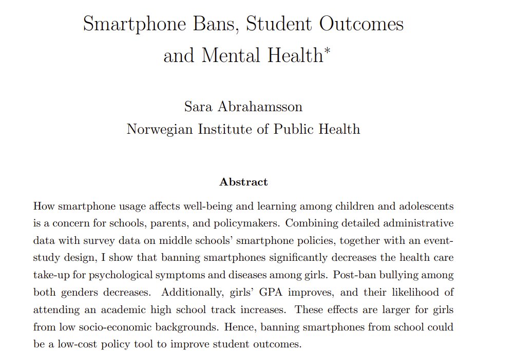 Results on students in a new study of smartphone bans at 477 middle schools: - Fewer psychiatric consultations - Lower rates of bullying - Higher GPAs and test scores - Results were strongest for girls and schools with the strictest bans Phones don't belong in classrooms