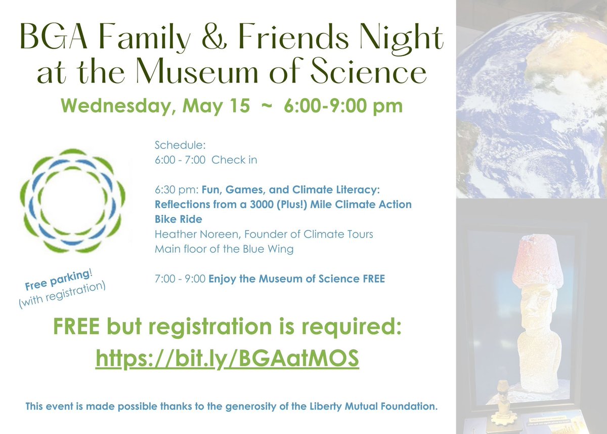 Boston Green Academy (@bosgreenacademy) on Twitter photo "Fun, Games, and Climate Literacy: Reflections from a 3000 (Plus!) Mile Climate Action Bike Ride" - Heather Noreen of Climate Tours will speak on 5/15 at BGA Family and Friends Night at <a href="/museumofscience/">Museum of Science</a> (6:30 pm) * FREE but registration required: buff.ly/3wl8x9X "Fun, Games, and Climate Literacy: Reflections from a 3000 (Plus!) Mile Climate Action Bike Ride" - Heather Noreen of Climate Tours will speak on 5/15 at BGA Family and Friends Night at <a href="/museumofscience/">Museum of Science</a> (6:30 pm) * FREE but registration required: buff.ly/3wl8x9X