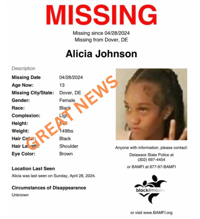 GREAT NEWS: Delaware State Police report that Alicia Johnson has been located. Additional information not provided. Thank you sharing her profile. 🧡