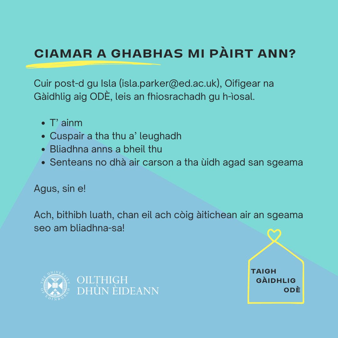 🏠 Ag iarraidh fuireach ann an taigh na #Gàidhlig aig ODÈ am bliadhna-sa? 👀

Tha Ar Fàrdach na chothrom ùr do dh'oileanaich aig a bheil Gàidhlig a bhith a' fuireach còmhla, a dh'aindeoin cuspair acadaimigeach 👇

Barrachd fhiosrachaidh: linktr.ee/gaidhligode