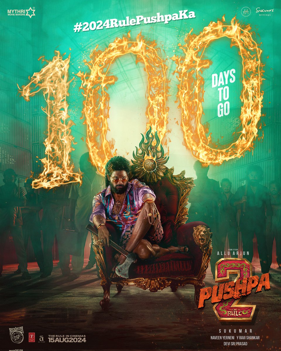 The world will witness Pushpa Raj's RULE 🔥 𝟭𝟬𝟬 𝗗𝗔𝗬𝗦 𝗧𝗢 𝗚𝗢 ❤‍🔥 #Pushpa2TheRule Grand release worldwide on 15th AUG 2024 💥💥 - bit.ly/Pushpa2TheRule… - bit.ly/PushpaPushpa #2024RulePushpaKa Icon Star @alluarjun @iamRashmika @aryasukku #FahadhFaasil…