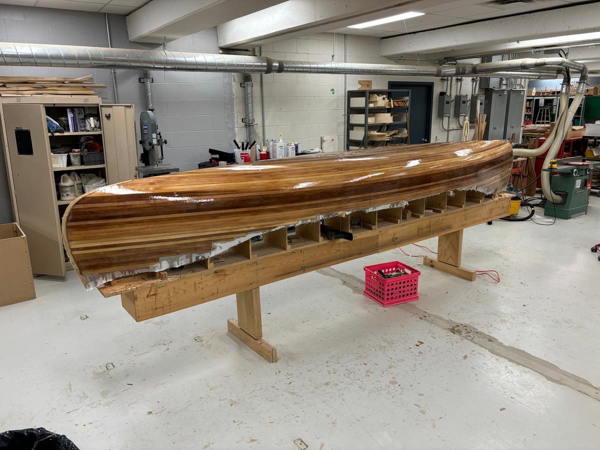 A big step in our cedar strip canoe build: fiber-glassing the hull. Thank you to the students who came in on their day off during last week’s Ped Day. Well done team! 🛶 #pchs #pfdscomm #pcpride #lbpsb #pchsclassof2024