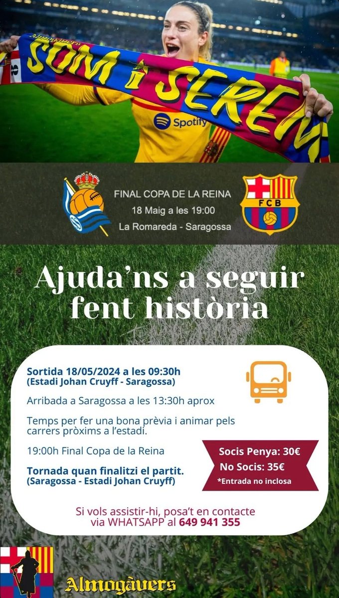 🏆⚽️ El proper dissabte 18 de maig, tots juguem la Copa de la Reina amb el @FCBfemeni a Saragossa!
🚍 Diverses penyes organitzen desplaçament per anar a la final. Anima't!

🔵🔴 #FemBarçaFemPenya #ForçaBarça