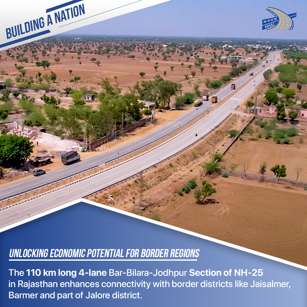 The 110 km long 4-lane Bar-Bilara-Jodhpur Section on NH-25 in #Rajasthan connects the cultural capital of Jodhpur with the state capital Jaipur. It provides connectivity to the upcoming Pachpadra refinery, which will contribute towards economic growth & development in the region.