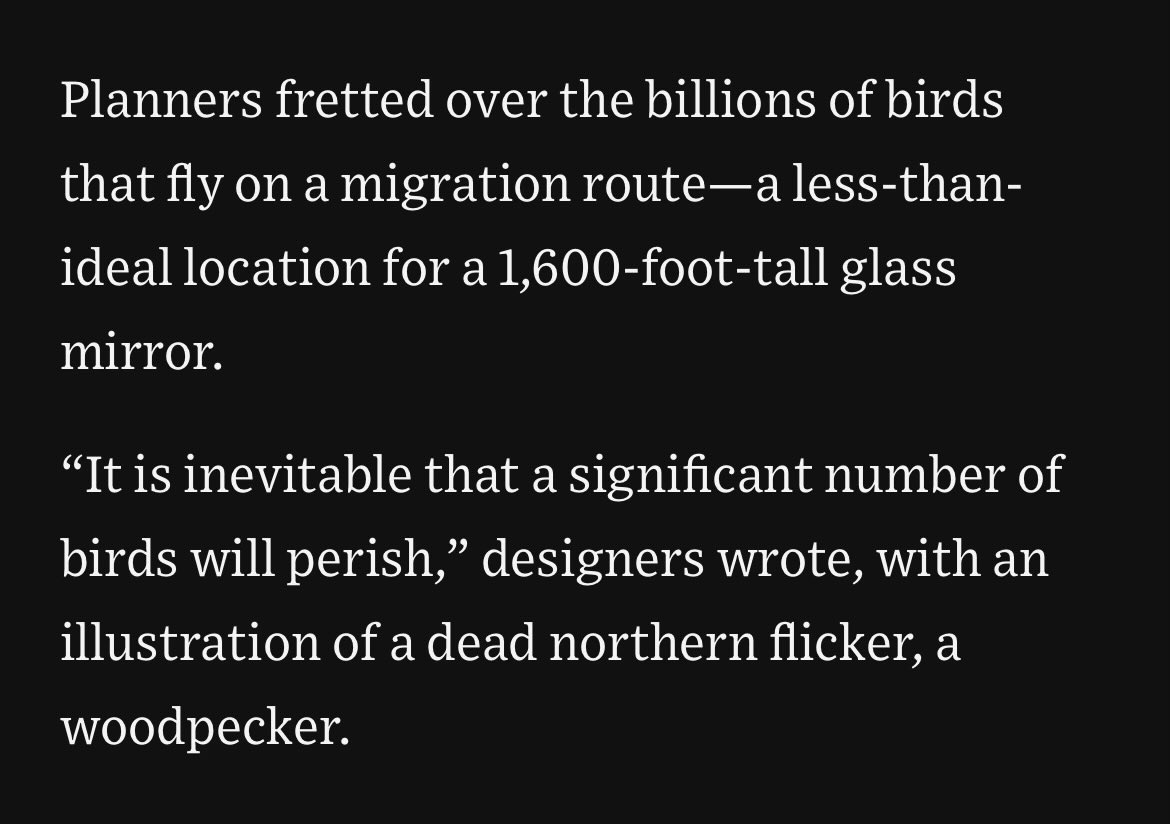 “It is inevitable that a significant number of birds will perish.” Run as soon as you can to a screen near you to read this @eliotwb story on construction woes confronting Saudi Arabia’s plans for 105-mile long twin skyscrapers in the desert. wsj.com/world/middle-e…