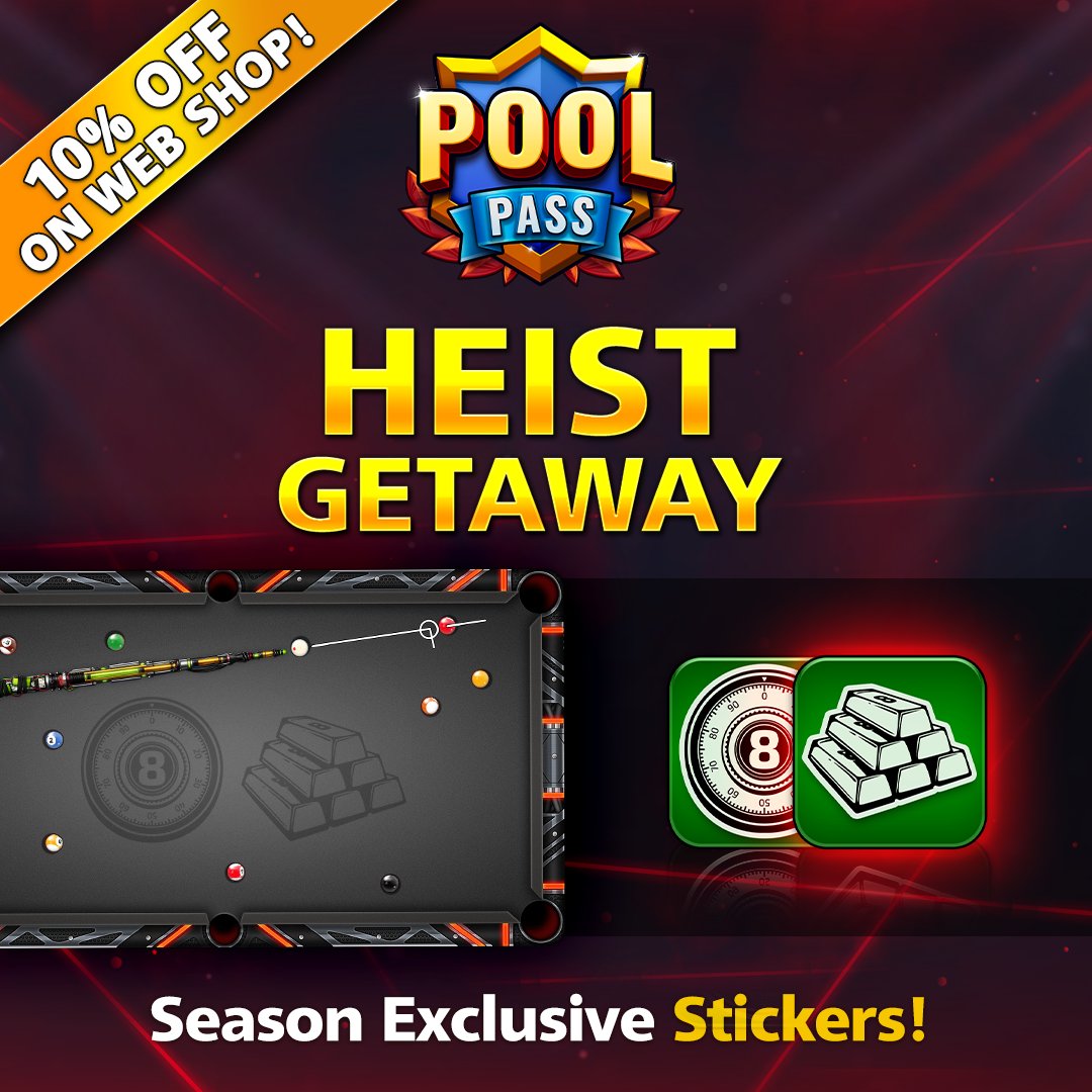 Which #HeistGetaway Sticker are you using to leave your mark at the tables? 💰💥 🎱 Combination 🎱 Gold Bars Get 10% off the #PoolPass on our Web Shop & start claiming these rewards TODAY! 🎁 Special Offer » mcgam.es/KEMlm9 #8BallPool