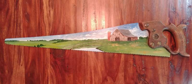 This is my acrylic painting of a farm with a barn, silo and pond on a hand saw that I did. 
#mattstarrfineart #artistic #paintings #artforsale #artist #myart #dailyart #artlover #artwork #artoftheday 
#saw #saws #handsaw #handsaws #farm #farms #silo #pond #ponds #ranch #landscape