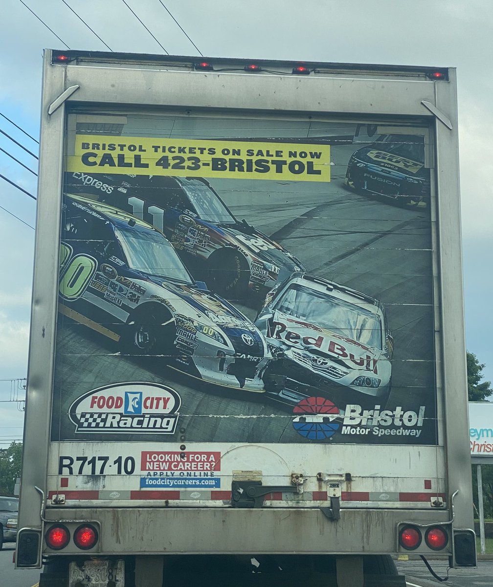 The back of a @FoodCity truck this morning. Think it might be time they updated their @ItsBristolBaby ad?