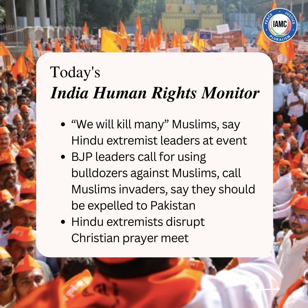 IAMC #indiahumanrightsmonitor

Read top 3 stories here: iamc.com/we-will-kill-m…

#GeneralElections #Modi #muslim #mosque #hatecrime #lovejihad #HinduExtremist #HinduSupremacist #BajrangDal #RSS #VHP #BJP #hate #hindunation #JaiSriRam #hindutva #hatespeech #Chattisgarh #Christian