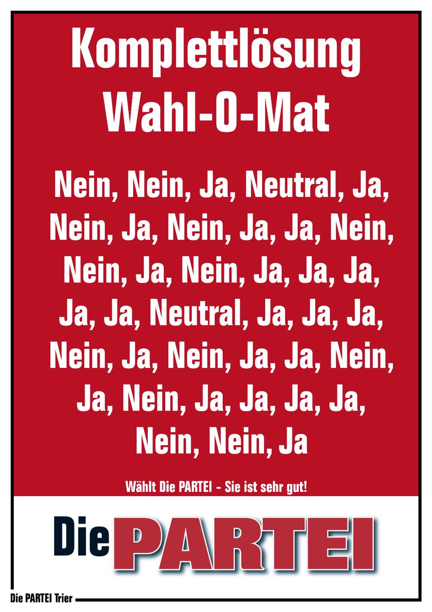 Servicetweet:
Der Wahl-O-Mat für die EU Wahl ist online! wahl-o-mat.de/europawahl2024/
Um euch das Ausfüllen zu erleichtern haben wir hier eine Komplettlösung für euch.